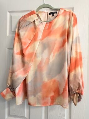 Eloquii Coral and Cream Watercolor Draped Long-Sleeve Blouse